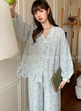 Public republic春季韩国纯棉可爱卡通小熊格子花边家居服睡衣女