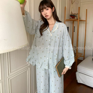 Public republic春季韩国纯棉可爱卡通小熊格子花边家居服睡衣女
