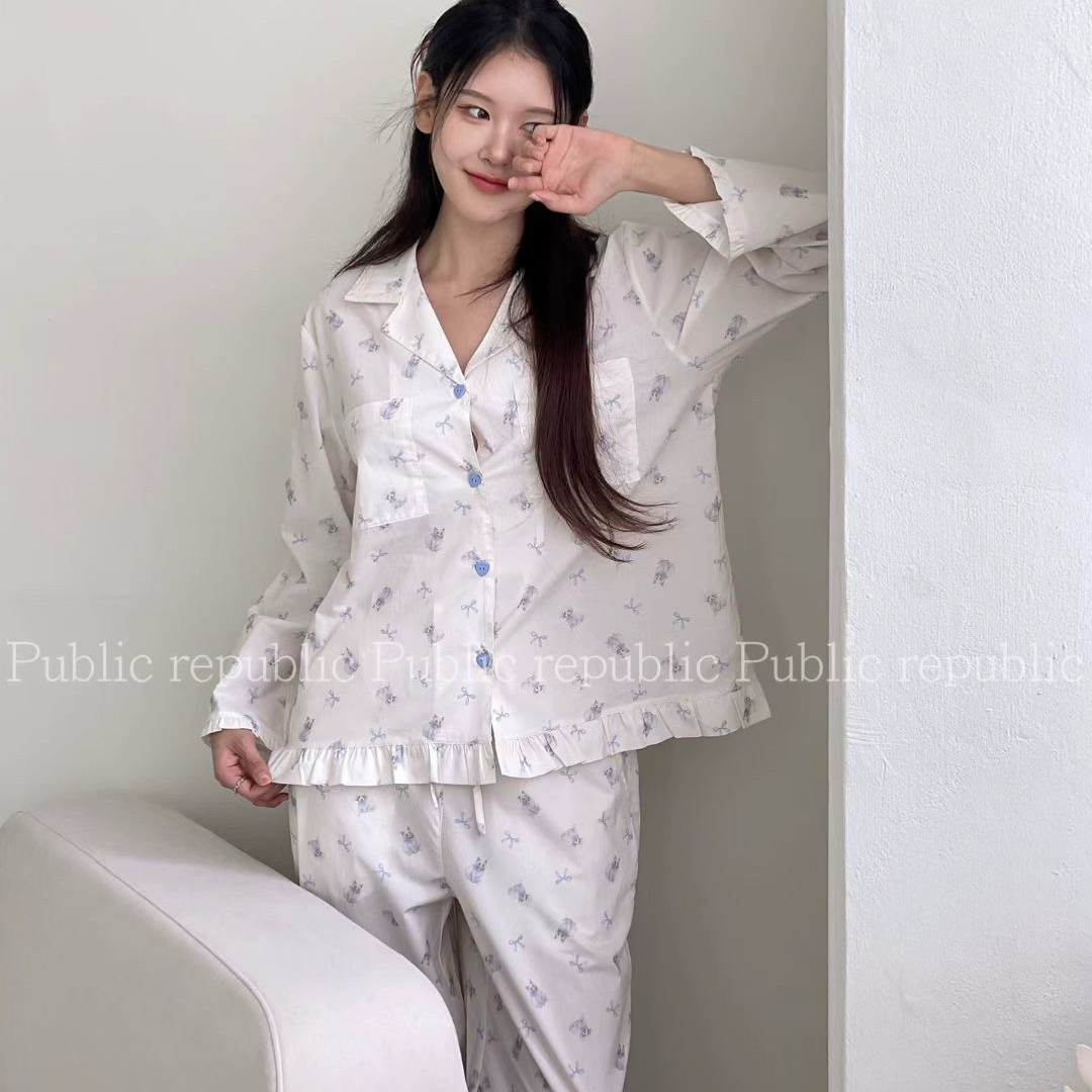 Public republic韩国秋季纯棉可爱减龄猫咪花边开衫家居服睡衣女