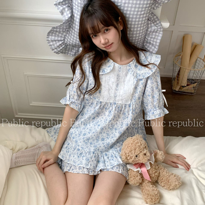 Public republic韩国纯棉小清新碎花小熊娃娃领花边家居服睡衣女