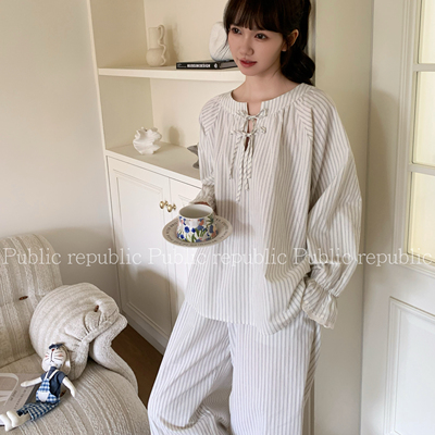 Public republic韩国纯棉简约气质竖条纹蝴蝶结花边家居服睡衣女