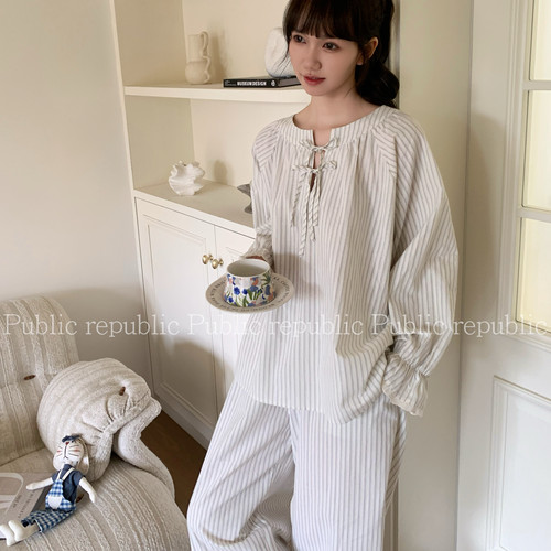 Public republic韩国纯棉简约气质竖条纹蝴蝶结花边家居服睡衣女