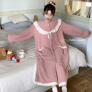 Public republic韩国甜美毛绒加绒大睡袍浴袍家居服家居裙睡衣女