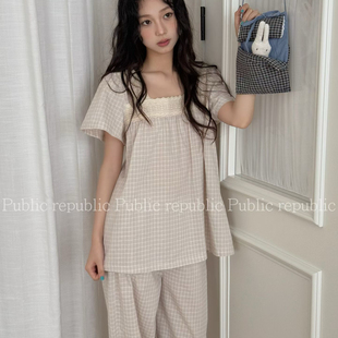 Public republic韩国夏季纯棉简约文艺小清新格子花边家居服睡衣