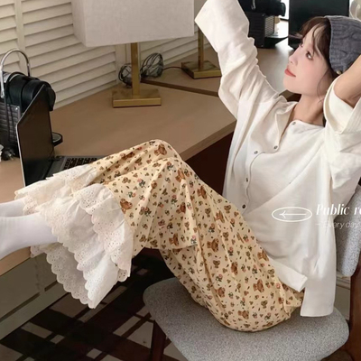 Public republic韩国纯棉甜美双层花边碎花可爱小熊睡裤家居裤女