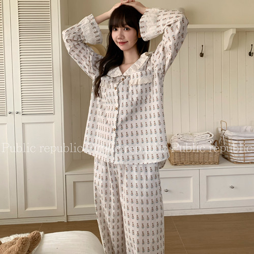 Public republic韩国纯棉竖条纹小兔子刺绣花边娃娃领家居服睡衣