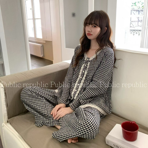 Public republic韩国秋季纯棉蕾丝花边开衫格子V领家居服睡衣套装