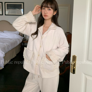 Public republic韩国冬季保暖加绒荔枝绒少女开衫花边家居服套装