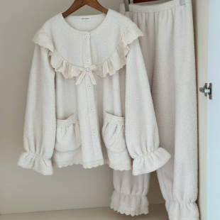 Public republic韩国冬季保暖毛绒加绒荔枝绒花边开衫家居服套装