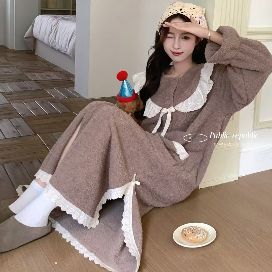 Public republic韩国简约毛绒加绒甜美可爱睡袍浴袍家居服家居裙