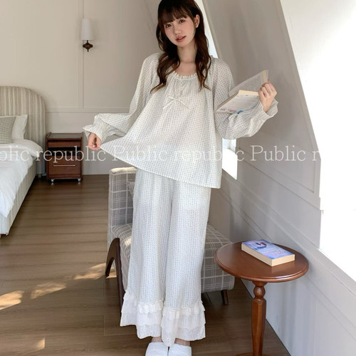 Public republic韩国春季纯棉甜美多层花边碎花小清新文艺家居服