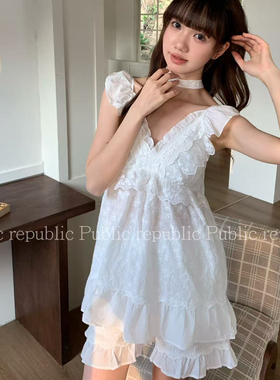 Public re Public夏季梭织棉公主风蕾丝花边吊带睡衣套装家居服女