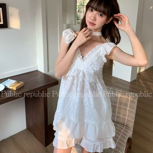 Public re Public夏季梭织棉公主风蕾丝花边吊带睡衣套装家居服女