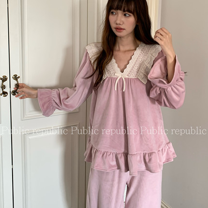 Public republic韩国秋冬保暖柔软银狐绒薄绒法式花边家居服套装