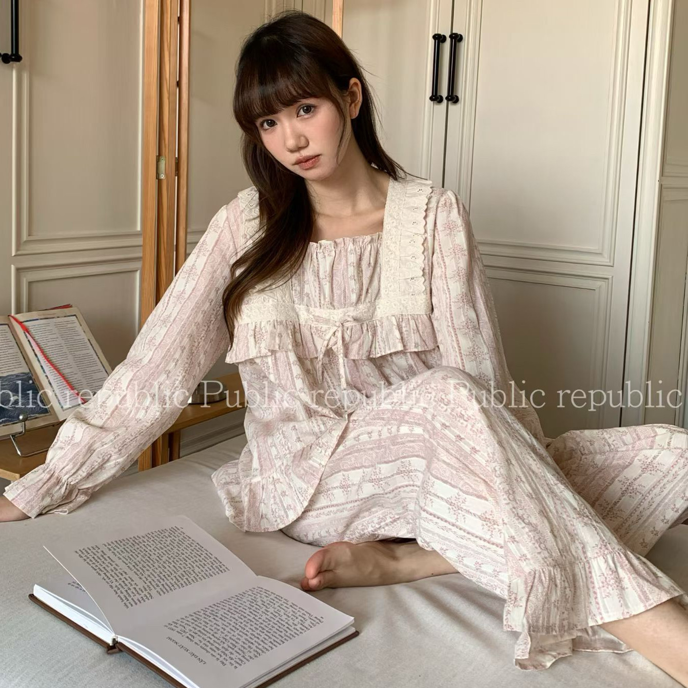 Public republic韩国纯棉提花棉宫廷风花边方领少女家居服睡衣女