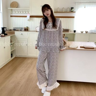 Public republic韩国秋季纯棉甜美森系刺绣花边碎花家居服睡衣女