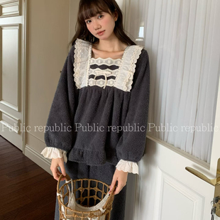 Public republic韩国冬季保暖加绒毛绒蕾丝花边方领套头家居服女
