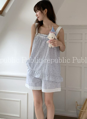 Public republic韩国夏季纯棉小清新花边碎花背心吊带睡衣家居服
