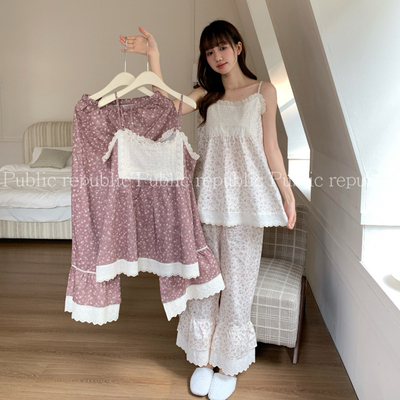 Public republic春夏韩国纯棉甜美纯欲花边碎花吊带家居服套装女