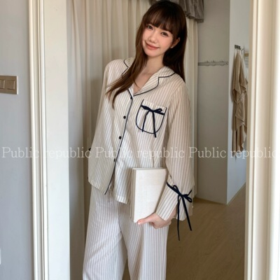 Public republic韩国纯棉简约竖条纹蝴蝶结小香风开衫家居服睡衣