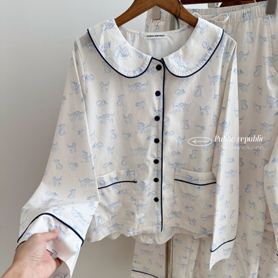 Public re Public韩国纯棉小清新简约可爱猫咪娃娃领家居服睡衣