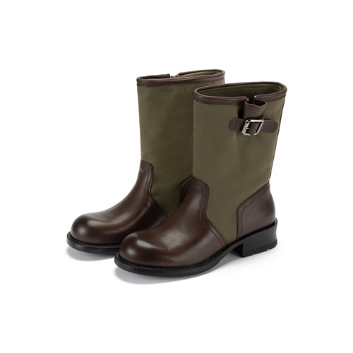 「一直搭配的封神boots」小胎牛皮/帆布拼接堆堆靴 筒高21cm