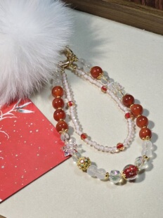 宫墙雪|保真天然红玛瑙新中式精致手机链本命年毛球红色挂件