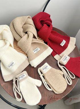 秋冬儿童围巾25韩版简约百搭保暖围脖针织毛线挂脖手套围巾两件套
