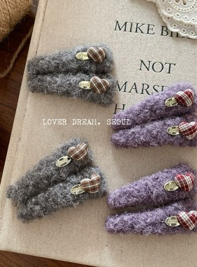 韩国新款紫色爱心格子掰掰夹英伦复古风爱心侧边刘海发夹少女感