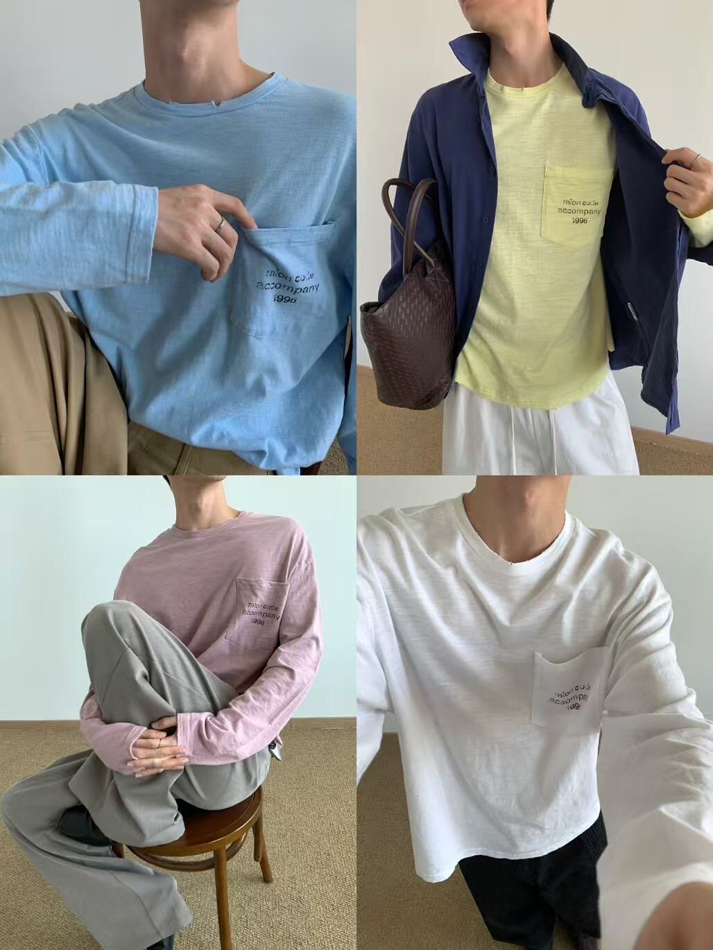 MION ซีรีส์ความสบาย เสื้อยืดแขนยาวผ้าฝ้ายไหมดอกไม้ ใส่เดินเล่นลงบ้าน ดีไซน์เรียบง่าย กระเป๋าฉีกขาด ตัวอักษรพิมพ์ สำหรับทั้งชายและหญิง