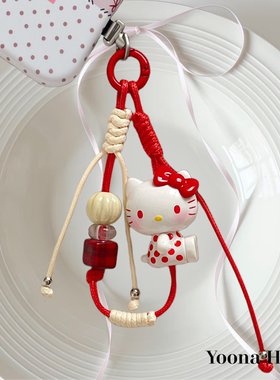 原创礼物正版红色波点Hello Kitty萌粒蜡绳可提手机手腕绳手机链