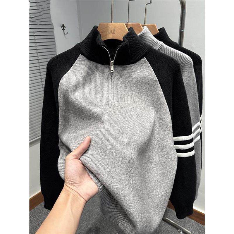 拼色插肩袖拉链半高领毛衣男款冬季韩版宽松tb针织外套运动休闲潮