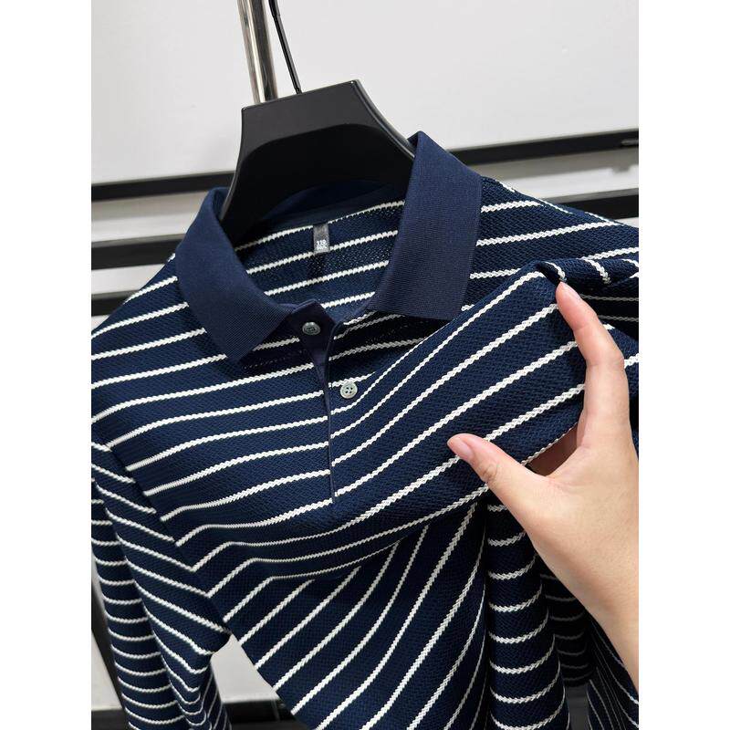 2025新款翻领条纹长袖T恤男士春秋季衬衫领POLO衫薄款透气打底衫