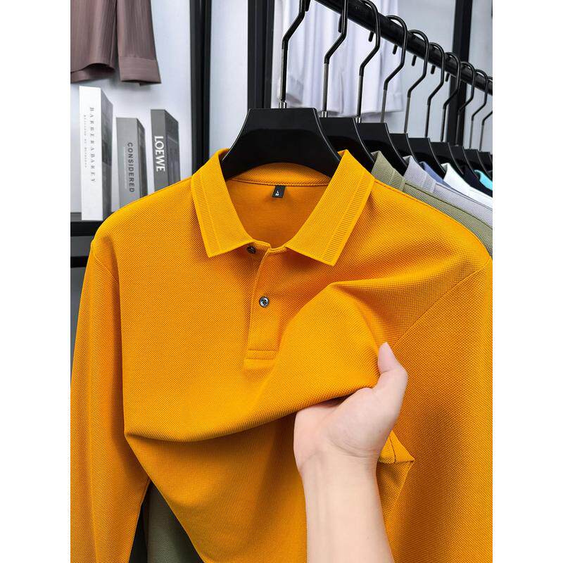 重磅纯棉翻领长袖T恤男春秋季商务休闲全棉POLO衫纯色衬衫领体恤