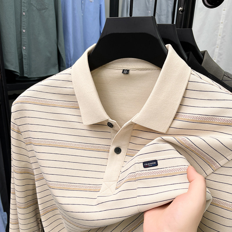 高端丝光棉条纹长袖t恤男春秋季新款翻领口袋中年爸爸polo上衣服