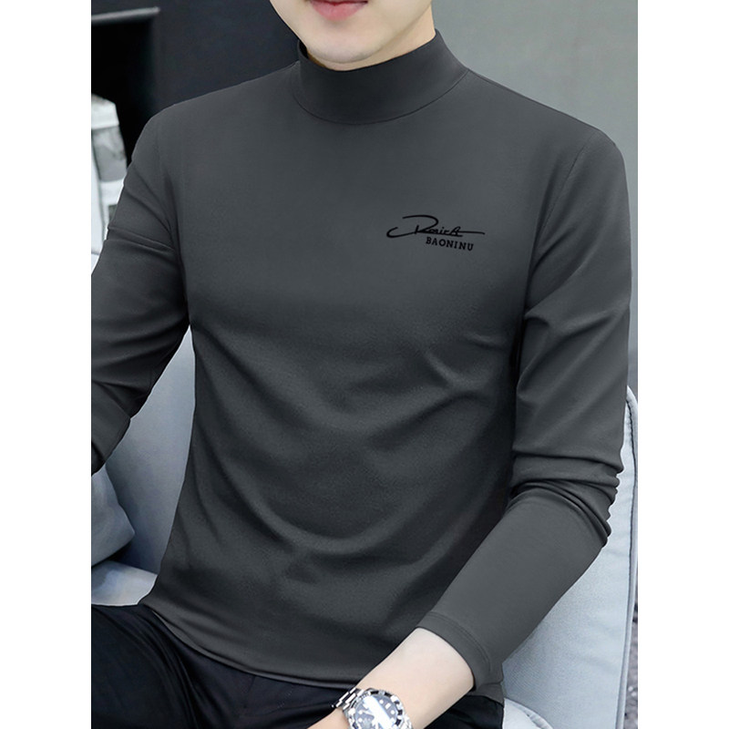 欧洲站男士半高领打底衫2025新款春秋冬内搭纯棉修身中领长袖t恤