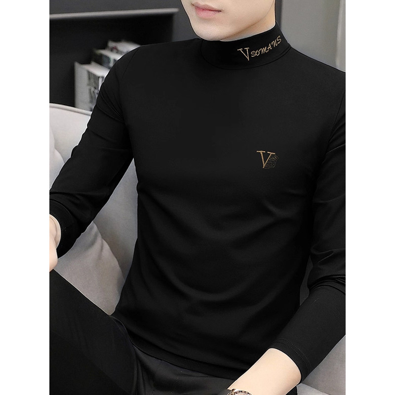 高端莫代尔半高领长袖t恤男秋冬加绒加厚保暖中领内搭上衣打底衫