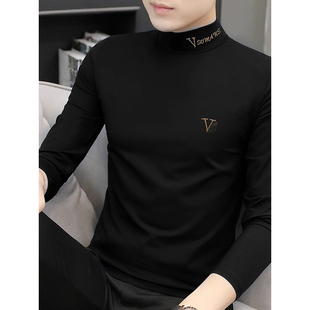 高端莫代尔半高领长袖t恤男秋冬加绒加厚保暖中领内搭上衣打底衫