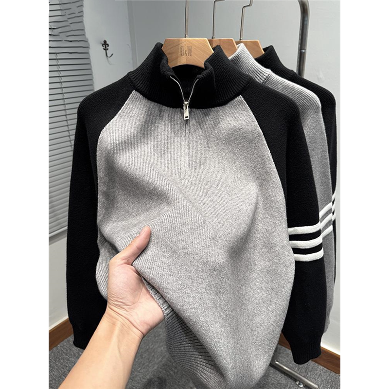拼色插肩袖拉链半高领毛衣男款冬季韩版宽松tb针织外套运动休闲潮