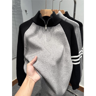 拼色插肩袖拉链半高领毛衣男款冬季韩版宽松tb针织外套运动休闲潮