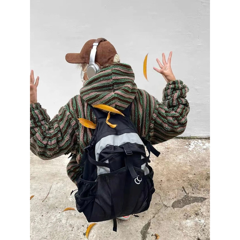 法国MKPREF2023原创复古中性双肩包大容量黑灰拼色背包大学生书包