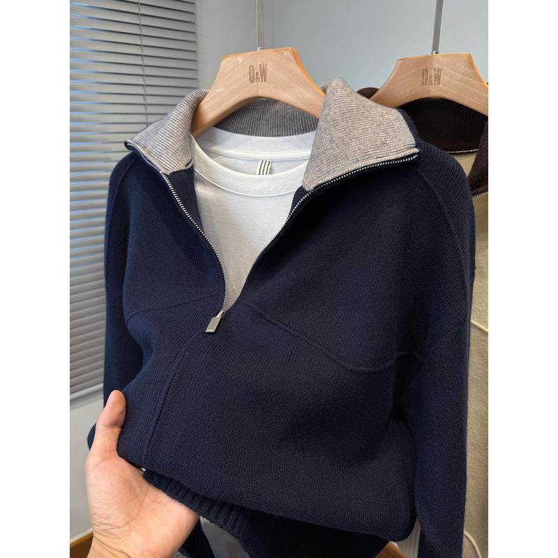 大翻领开衫男针织衫韩版宽松秋冬季休闲潮牌撞色加厚毛衣外套男款