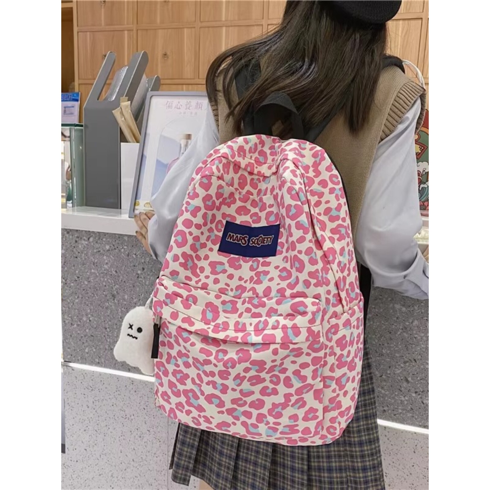法国ZAMP豹纹书包女高中学生背包新款初中生可爱少女心减负双肩包