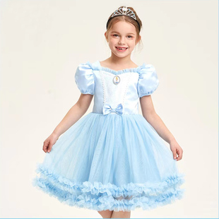 迪士尼童装夏季灰姑娘连衣裙软纱裙演出服女童短袖仙蒂公主裙新款