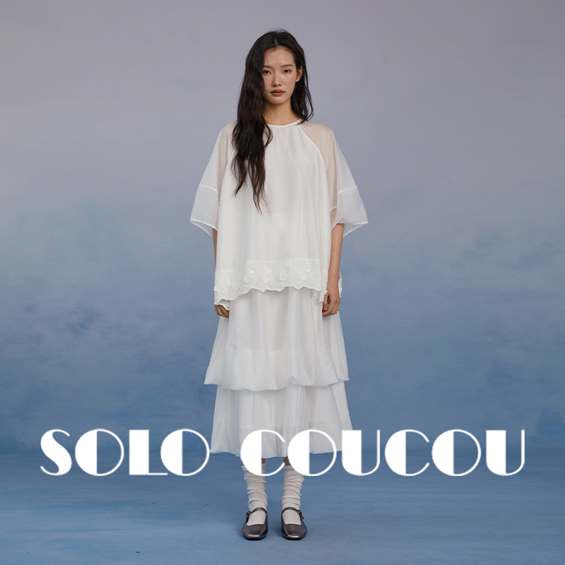 SoloCoucou索乐_假两件法式刺绣中袖上衣双层花苞半裙松弛感套装