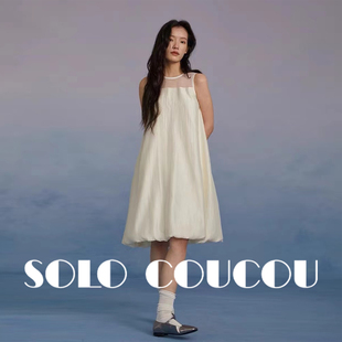 SoloCoucou索乐原创设计夏新款醋酸花苞露背浪漫显瘦中长款连衣裙