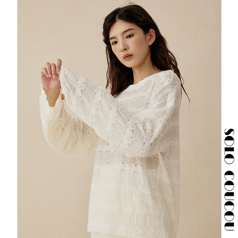 SoloCoucou索乐原创设计蕾丝提花宽松高级感圆领长袖上衣