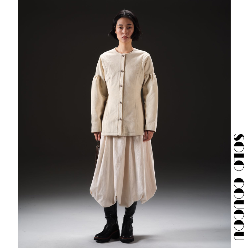 收腰中长棉外套显瘦极简夹棉