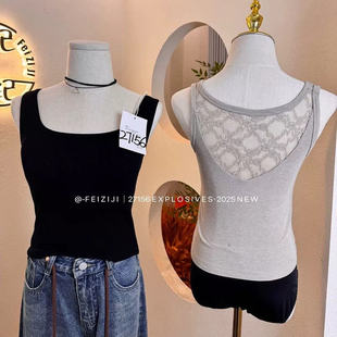 新款 螺纹纯棉固定杯简约文胸无痕女士纯色舒适蕾丝内衣吊带背心