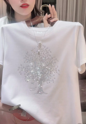 欧货2025夏季纯棉短袖T恤女重工烫钻百搭宽松大码圆领洋气上衣潮